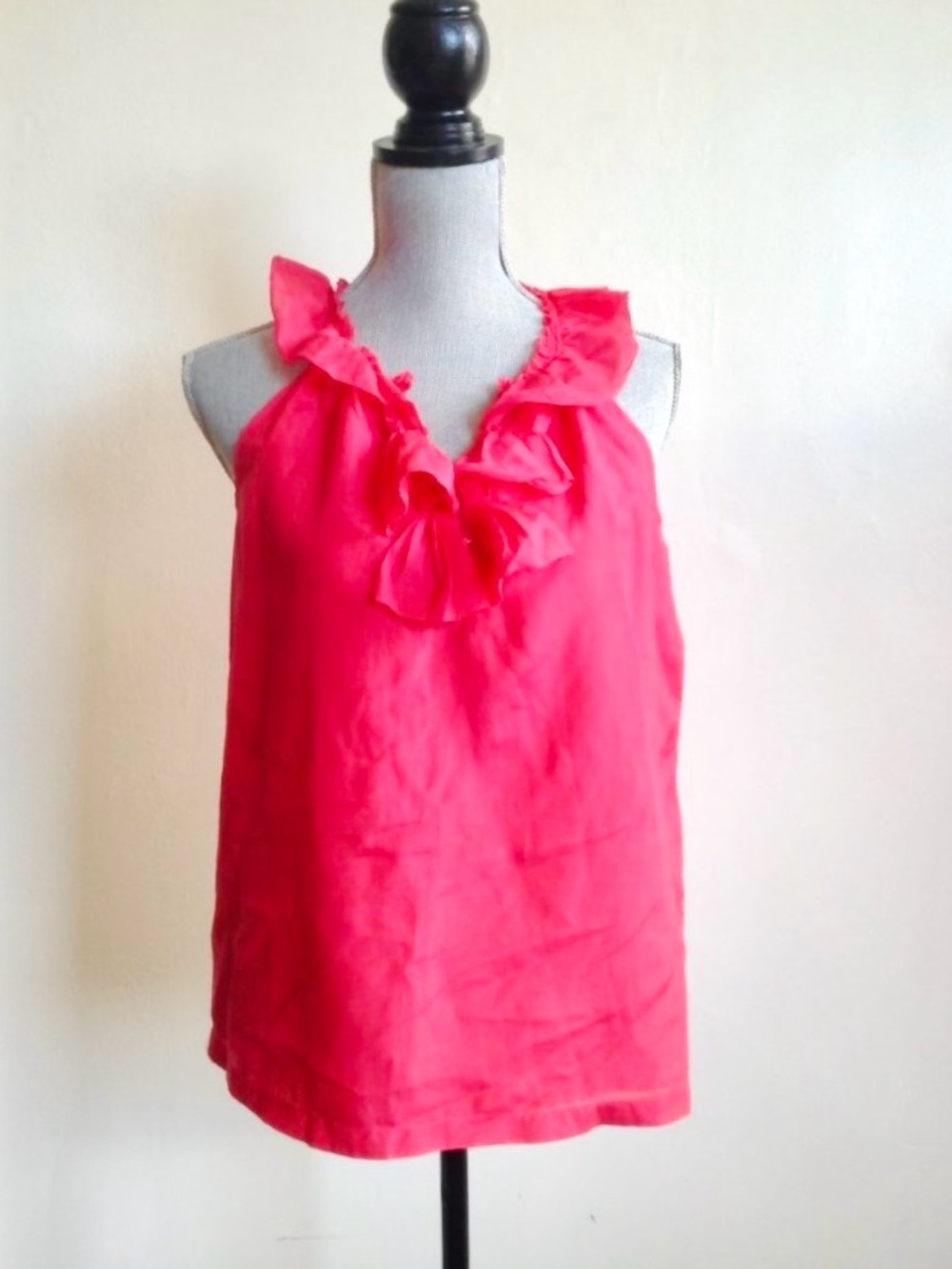 Vintage 2000s J.Crew Lydia Silk Cotton Ruffle Neck Pink Coral Shell XS Top 9775